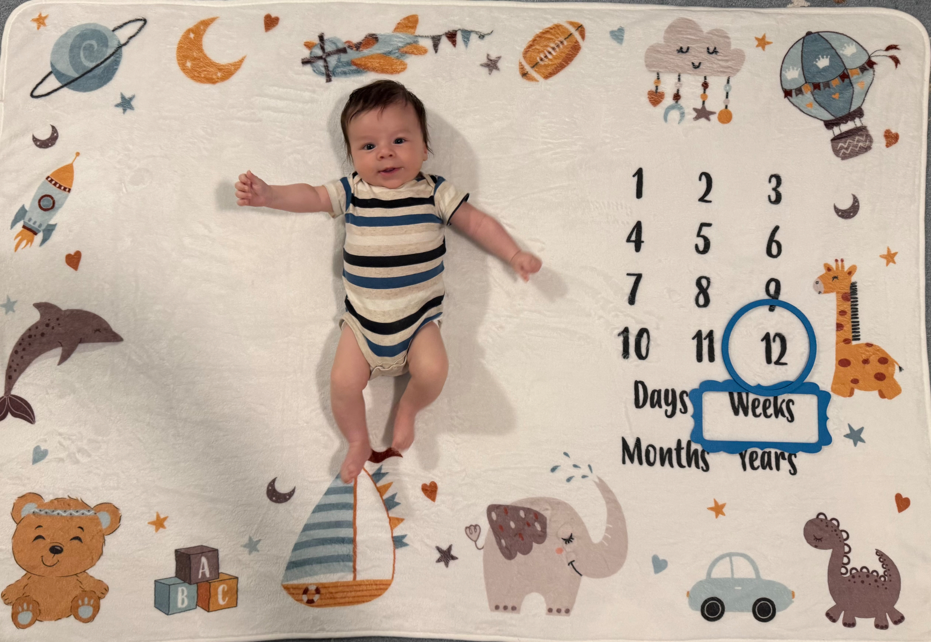 Ollie on milestone blanket at 12 weeks old