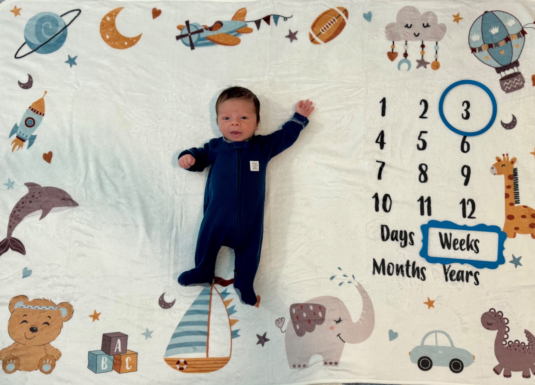 Ollie on milestone blanket at 3 weeks old